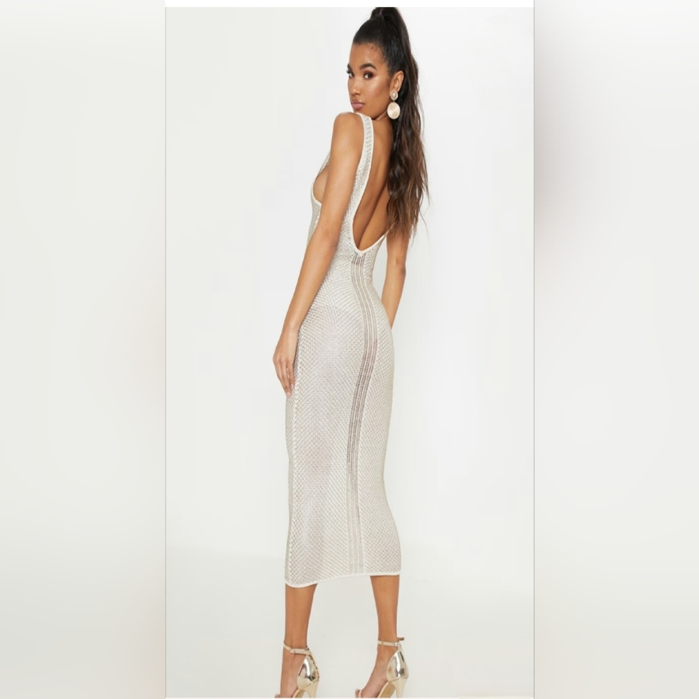 Cream Metallic Knit Bodycon Midi Dress NWT Size Small